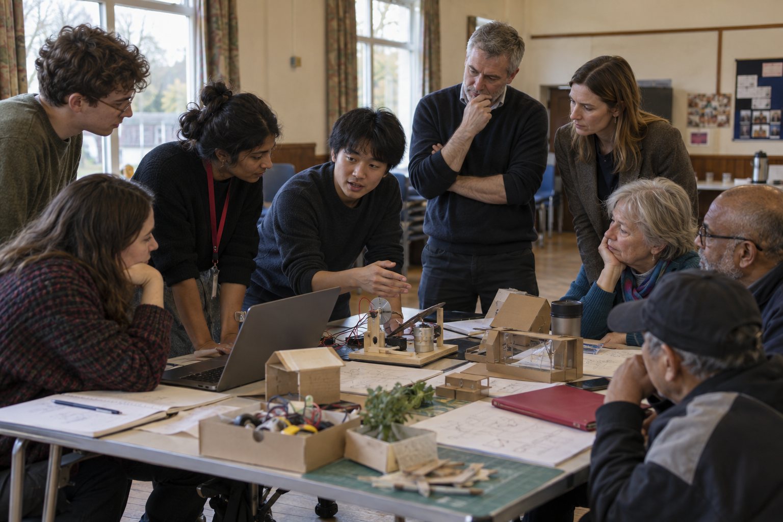 Students showing a working prototype to Fellows and local residents in a community hall